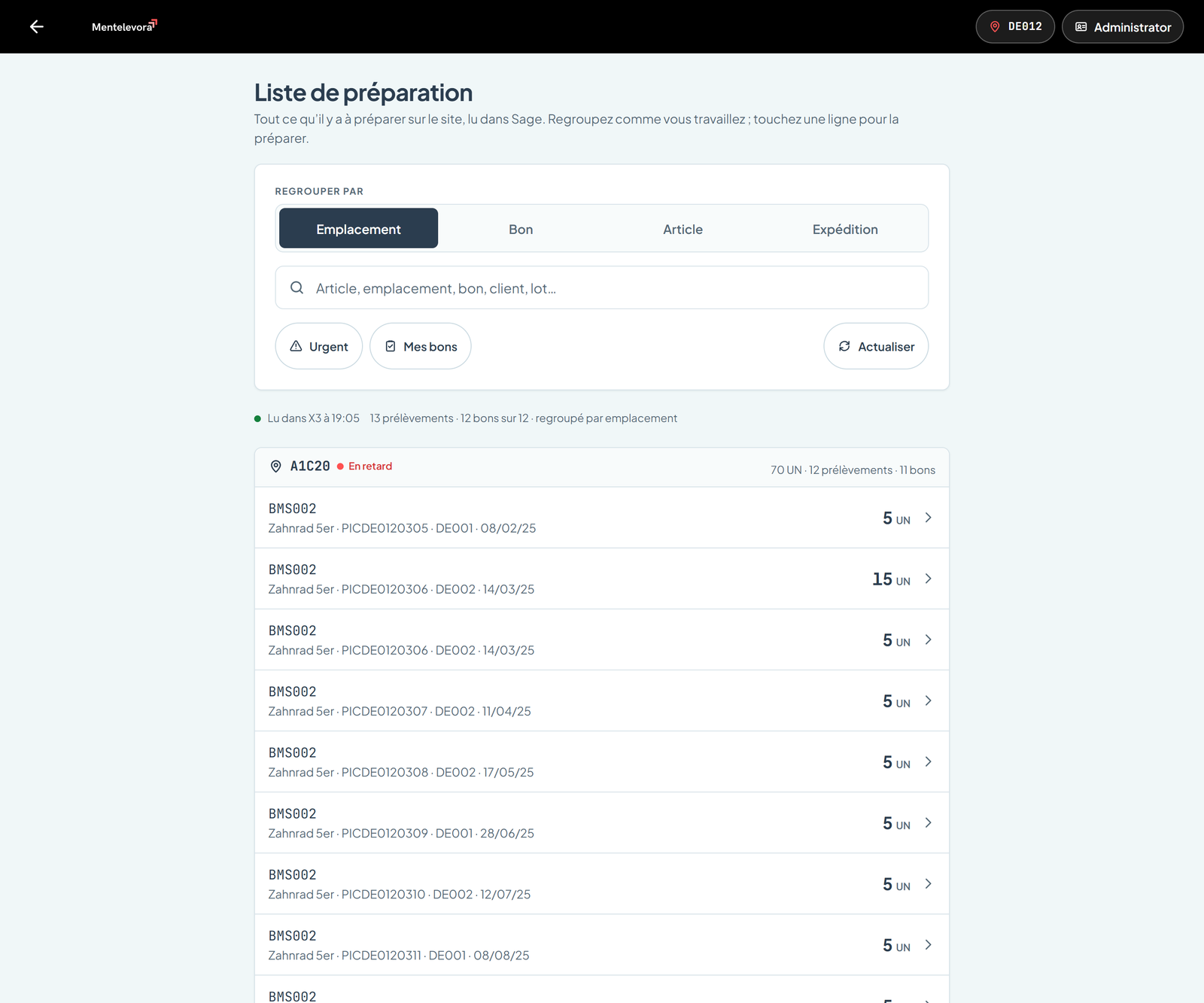 Liste de préparation sur poste : regroupement par emplacement, recherche, filtres