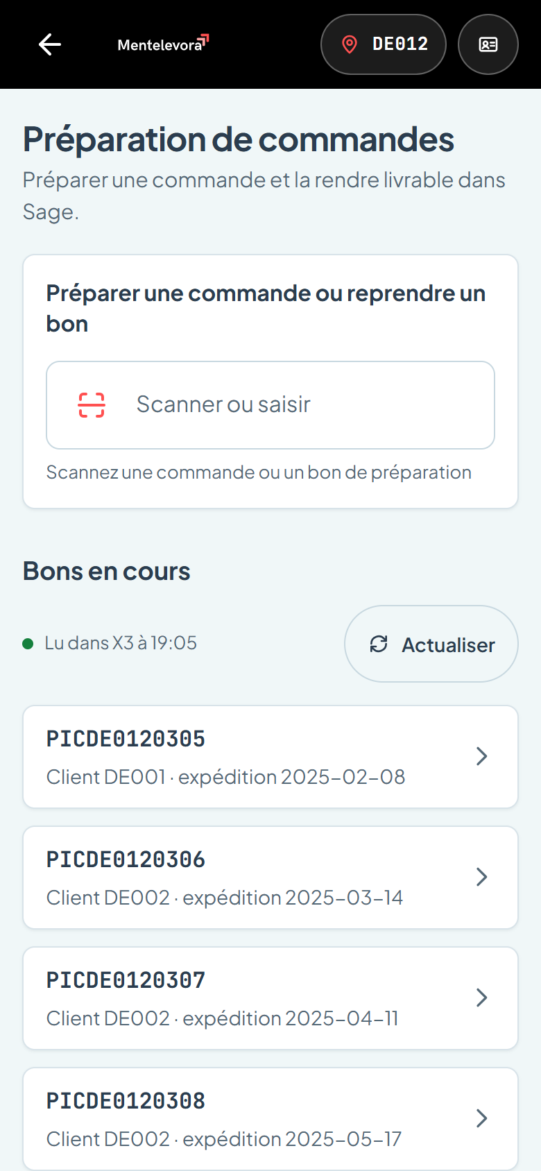 Bons en cours sur le site DE012, lus dans X3