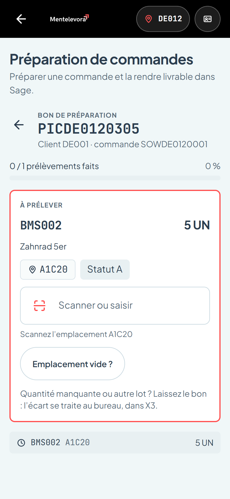 Préparation : prélèvement guidé de BMS002, 5 UN en A1C20